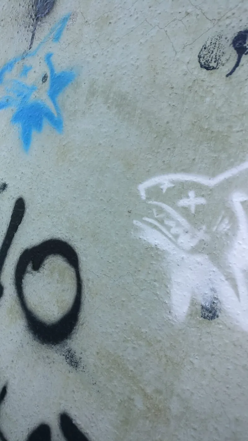 A small shark sprayed in blue and white on concrete.