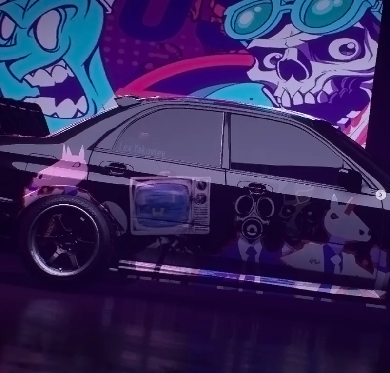 Digital artwork of a car with purple and pink vector skulls behind it.