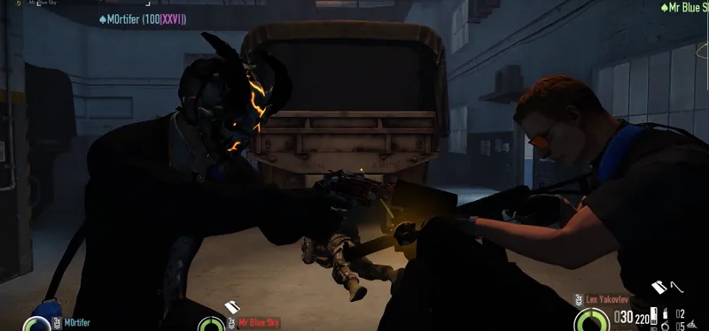 M0rtifer and Mr.Blue Sky in shark masks beside a heist van in Payday 2.