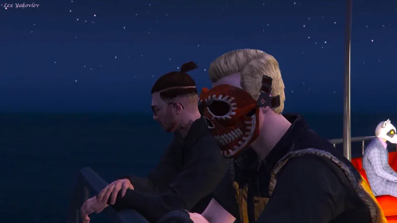 Eisteee and Lex Yakovlev in shark masks sitting by the water at night.