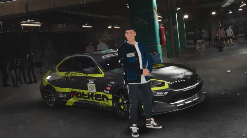 TwoFatalError standing beside a black and yellow Stuffed Shark car in NFS Unbound.