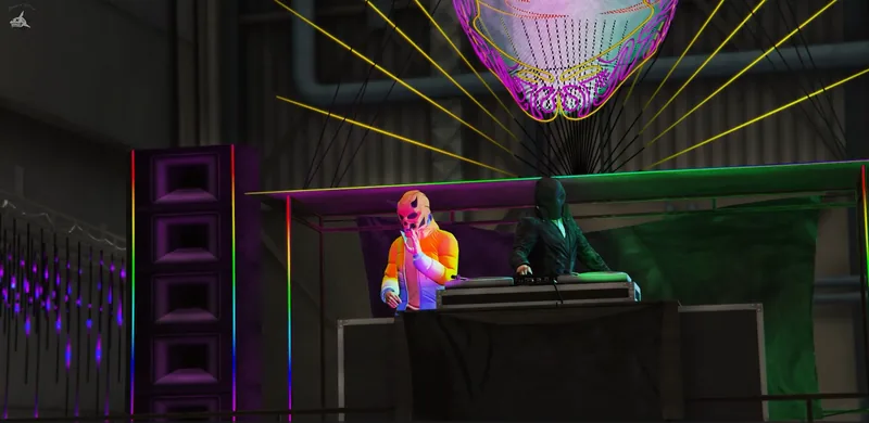 A GTA V nightclub interior lit in green and magenta.