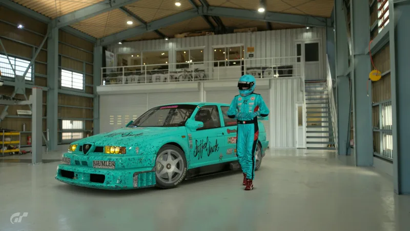 A teal Stuffed Shark liveried car and its driver in a Gran Turismo 7 garage.
