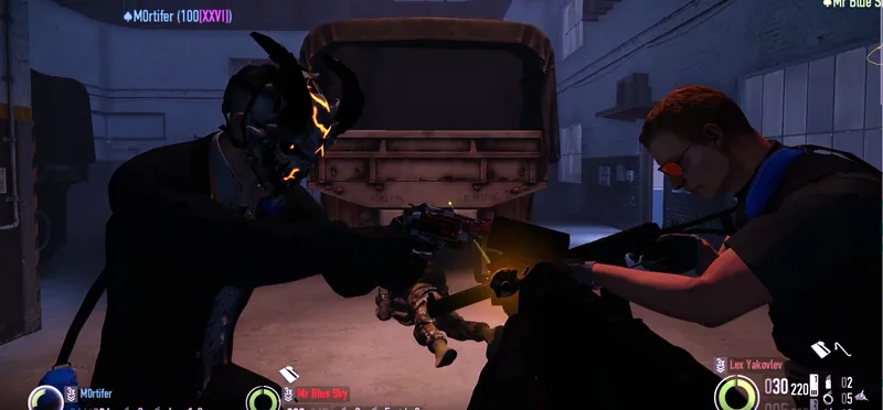 Two Stuffed Shark players in shark masks working a Payday 2 heist van.