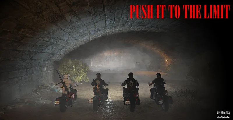 Four riders lined up under a tunnel arch in the Push It To The Limit video.
