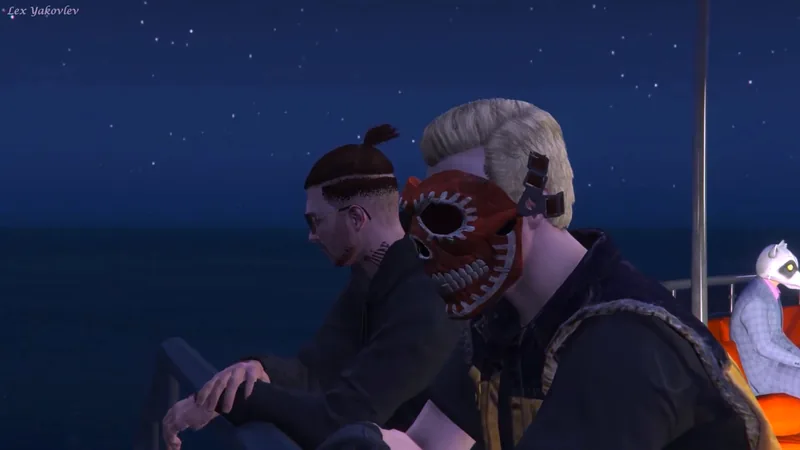 Two club members in shark masks sitting by the water at night in GTA V.